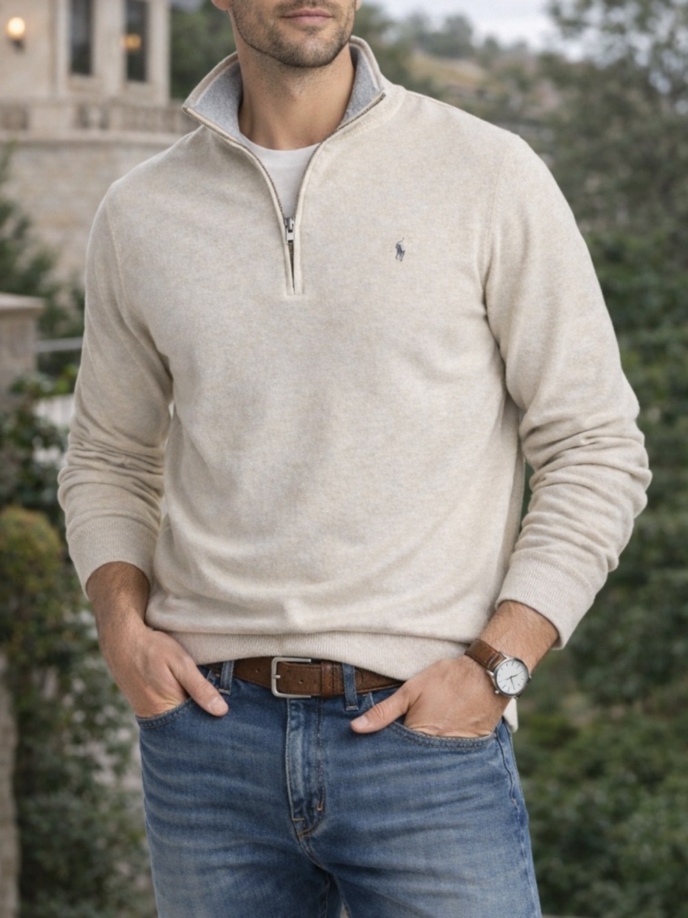 Polo Ralph Lauren Quarter Zip Sweater‎ Mens XL Beige Cotton Pullover